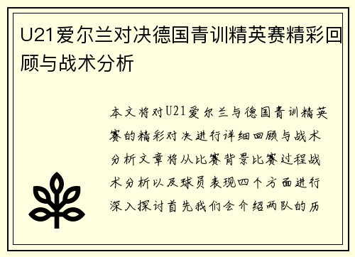 U21爱尔兰对决德国青训精英赛精彩回顾与战术分析